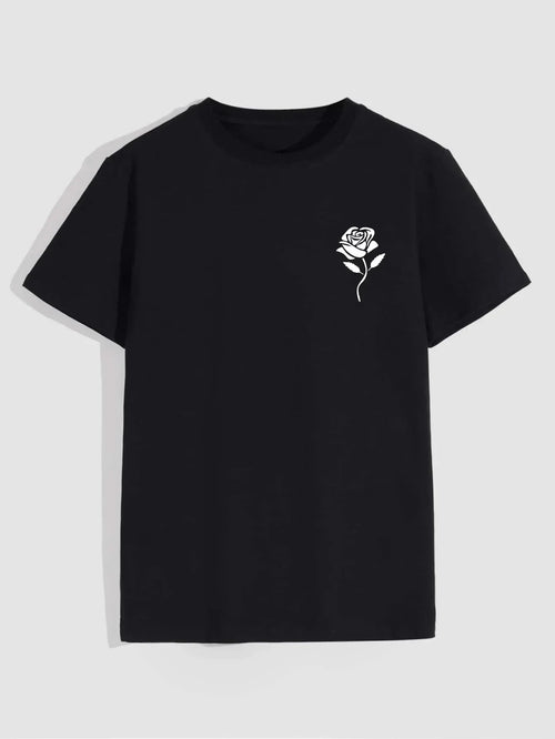 Men's Casual Crew Neck Rose Print T-Shirt (Regular/Oversize)